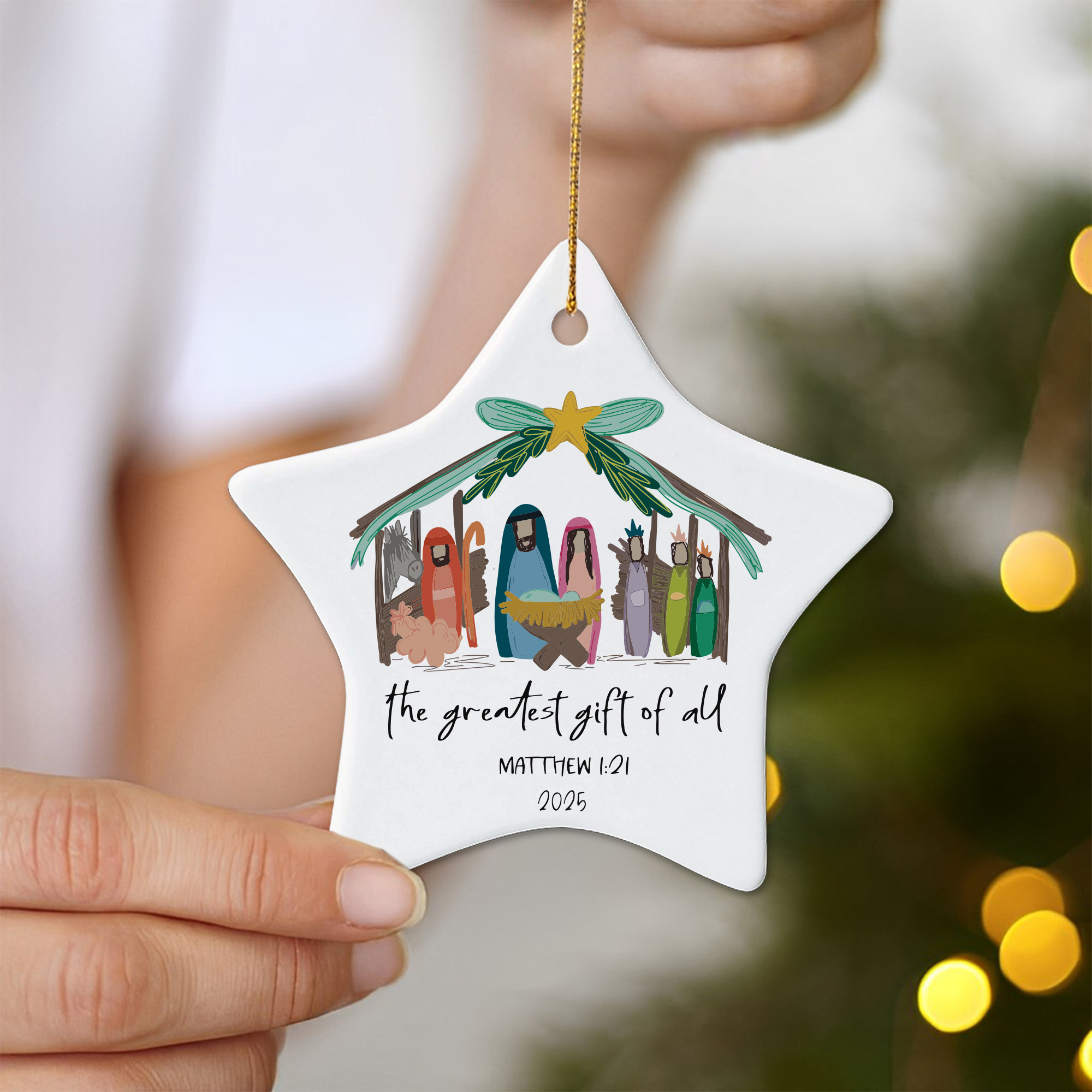Nativity Scene Christmas Ornament, Christian Holiday Decoration, Greatest Gift of All Matthew 1:21, Religious Xmas Tree Decor 2025 DCLAF30